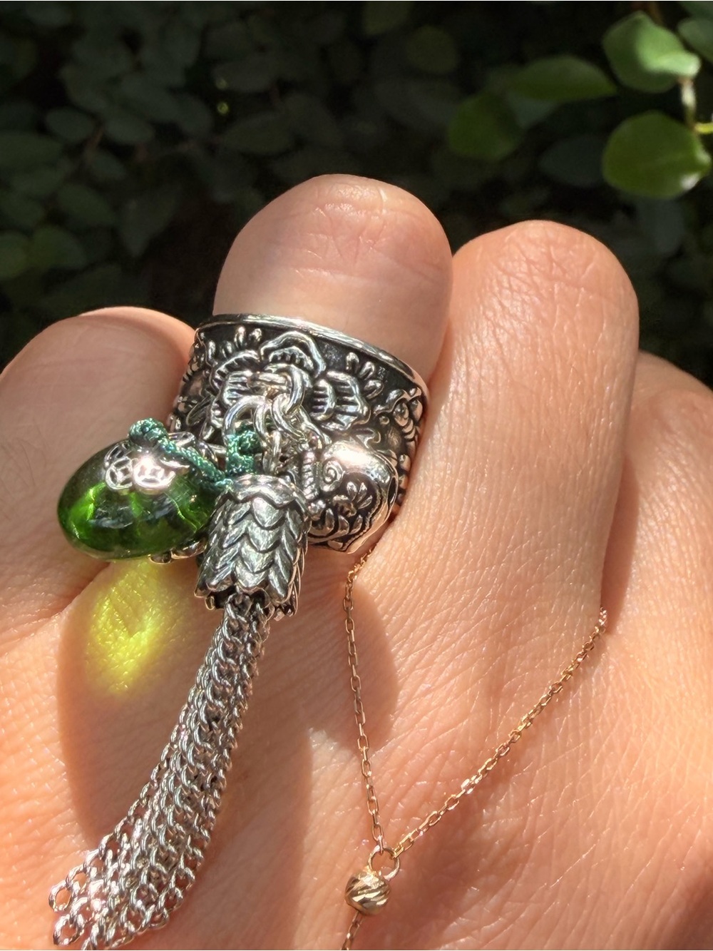 Green Stone Tassel Charm Silver Ring - Picture 10 of 15
